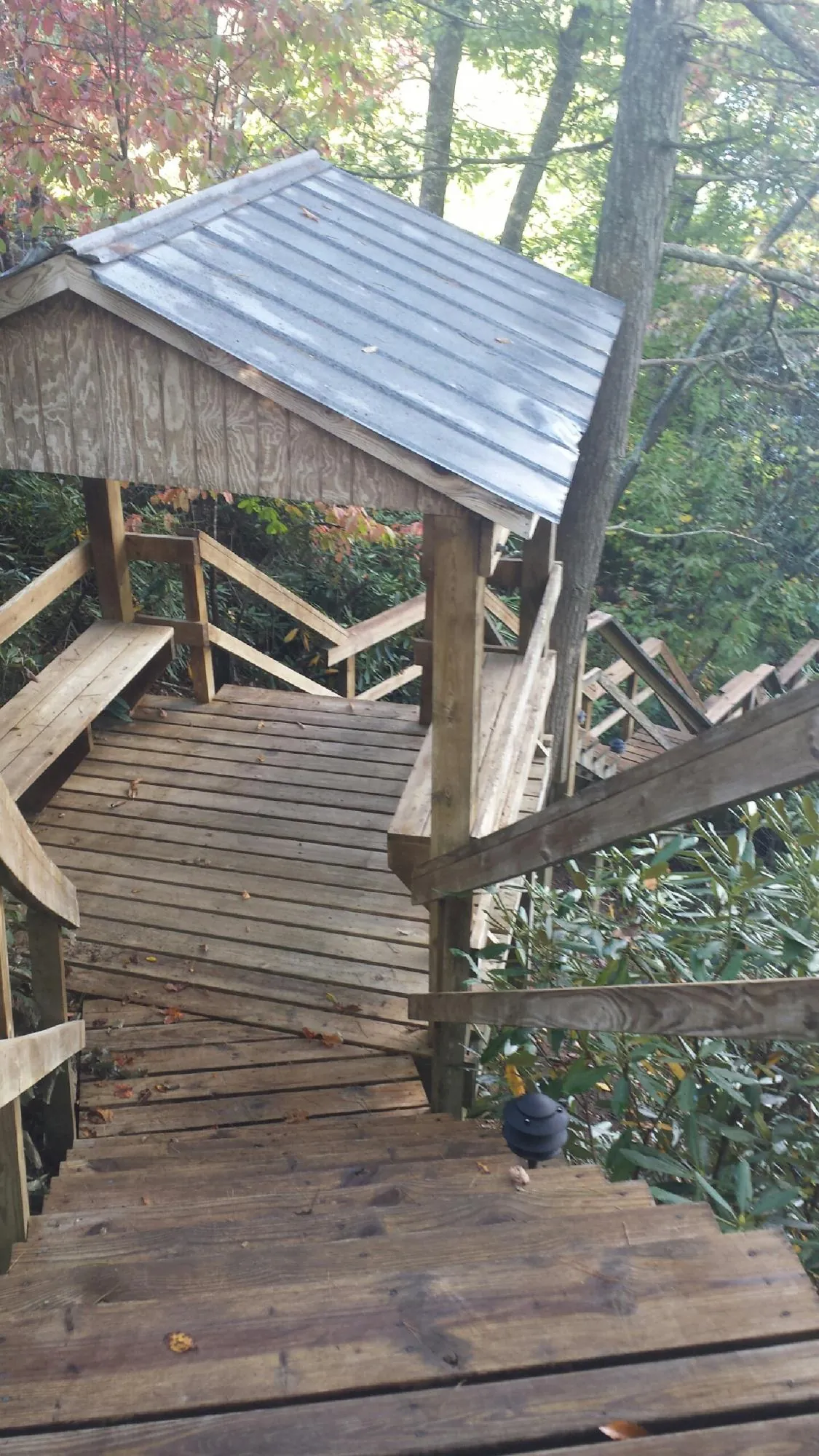 Metal roofed shelter over wooden steps on a wooded walkway — Skylight Repair & Installation work by our crew in Monroe